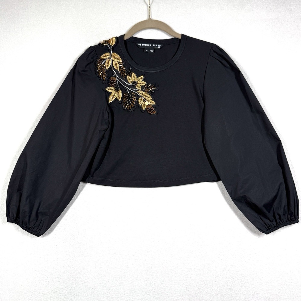 Veronica Beard Top XS Franchi Embroidered Sequin Leaves CROPPED Balloon Sleeves
